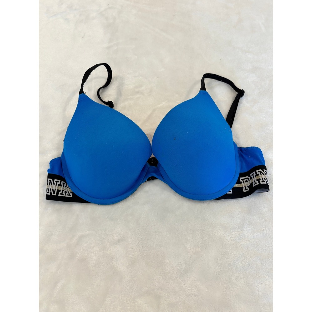 Victorias Secret PINK Wear Everywhere Push-Up Bra Blue Logo Band 32C